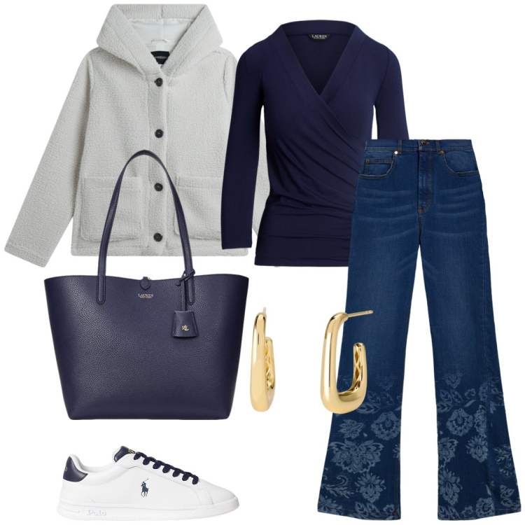 Outfit donna - Total look #1966638. Stile Casual per Tutti i giorni. Abbinamento con orecchini, jeans a zampa, blazer, sneakers, top, borse tote.