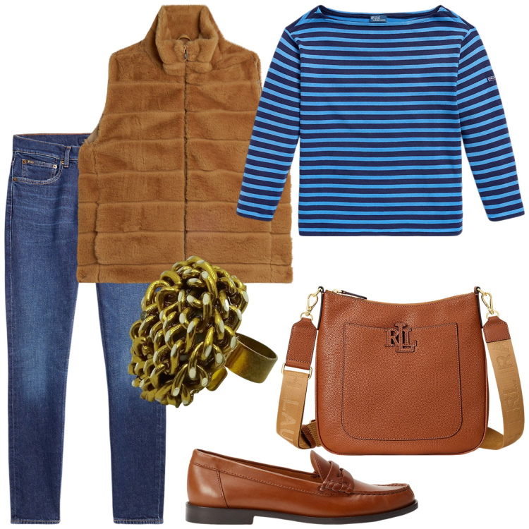 Outfit donna - Le righe comode. Stile Casual chic per Ufficio. Abbinamento con gilet, borse a tracolla, t-shirt, jeans slim fit, mocassini, anelli.