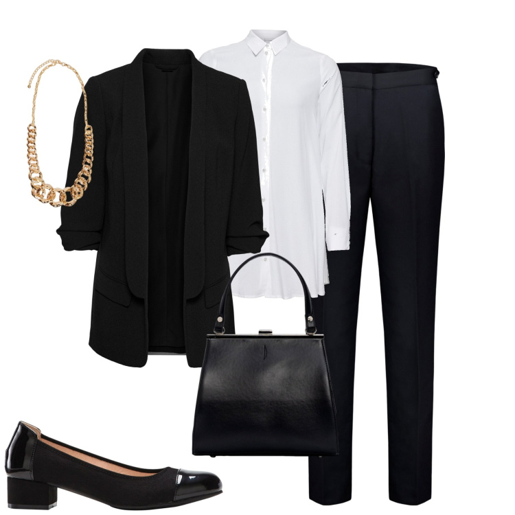 Outfit donna - Metropolitan. Stile Urban per Tutti i giorni. Abbinamento con camicie, blazer, décolleté, pantaloni, clutch, collane.