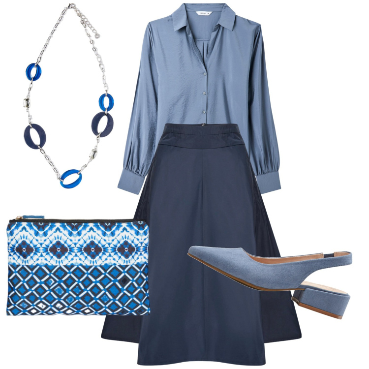 Outfit donna - Carta da zucchero. Stile Glamour per Tutti i giorni. Abbinamento con décolleté, camicie, gonne, pochette, ciondoli.