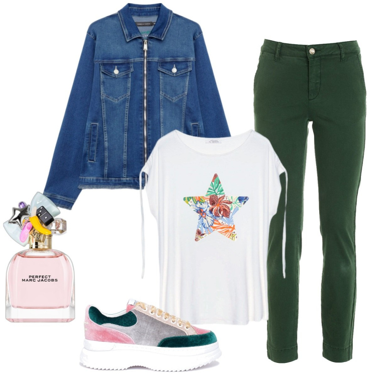 Outfit donna - Senza impegno. Stile Casual per Tutti i giorni. Abbinamento con profumi, pantaloni, sneakers, t-shirt, blazer.