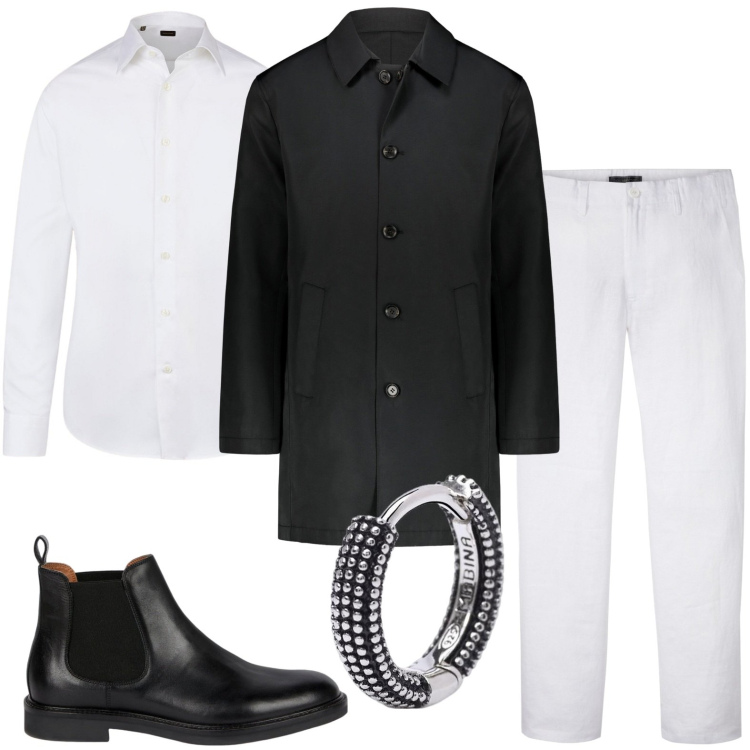 Outfit uomo - Toni bianchi e neri. Stile Urban per Ufficio. Abbinamento con pantaloni, orecchini, giacche, stivali e stivaletti, camicie.
