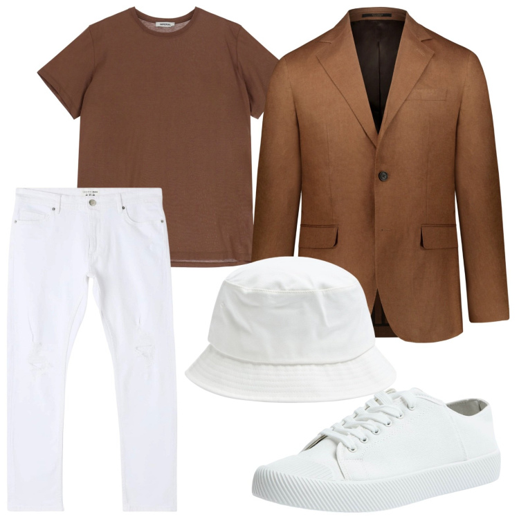 Outfit uomo - Stile evergreen. Stile Trendy per Tutti i giorni. Abbinamento con jeans strappati, sneakers, cappelli, t-shirt, abiti.