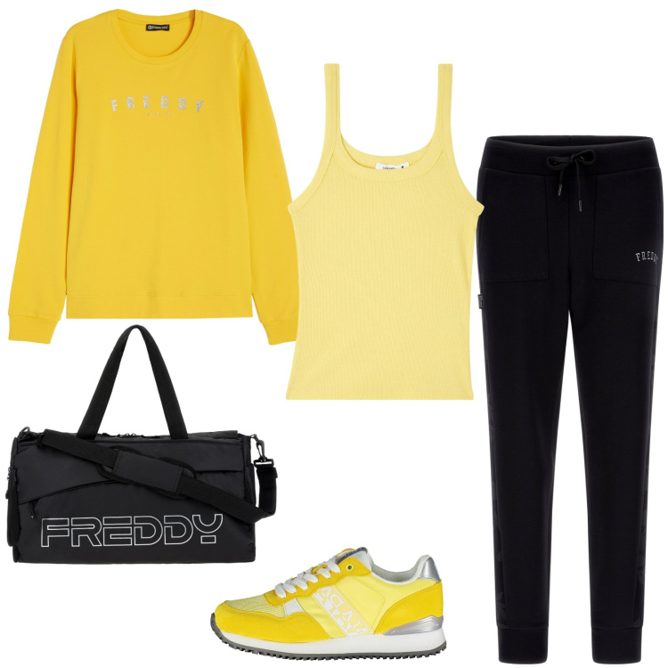 Outfit donna - Ritorno in palestra in giallo. Stile Sporty chic per Tutti i giorni. Abbinamento con canottiere, borse sportive, pantaloni sportivi, felpe, scarpe sportive.