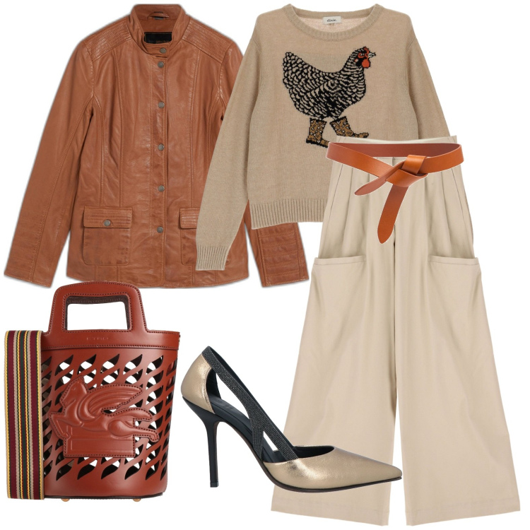 Outfit donna - Total look #1966688. Stile Casual chic per Serata fuori. Abbinamento con blazer, décolleté, borse a mano, pantaloni a palazzo, maglieria, cinture.