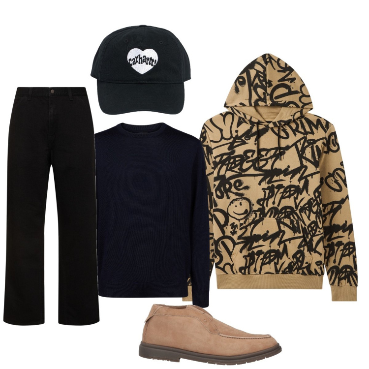 Outfit uomo - Total look #1966746. Stile Trendy per Tutti i giorni. Abbinamento con stivali e stivaletti, felpe con cappuccio, cappelli, jeans, maglieria.