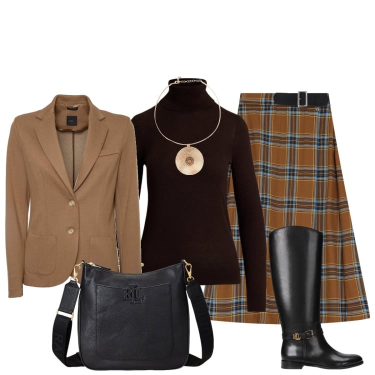 Outfit donna - Il tailleur perfetto. Stile Trendy per Ufficio. Abbinamento con gonne lunghe, maglieria, borse a tracolla, stivali, blazer, ciondoli.