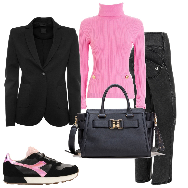 Outfit donna - Autunno in saldo. Stile Casual chic per Serata fuori. Abbinamento con sneakers, maglieria, borse tote, jeans, blazer.