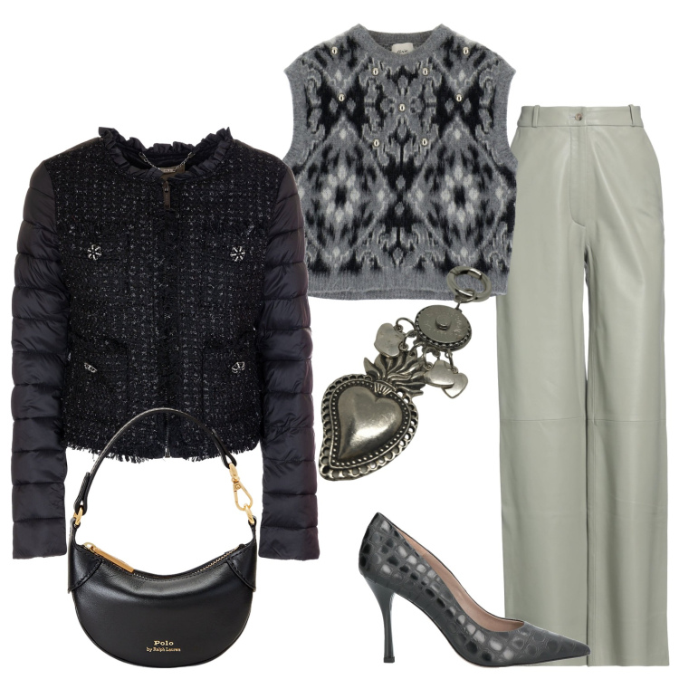Outfit donna - Autunno in saldo. Stile Casual chic per Serata fuori. Abbinamento con décolleté, pantaloni, blazer, maglieria, portafogli, ciondoli.