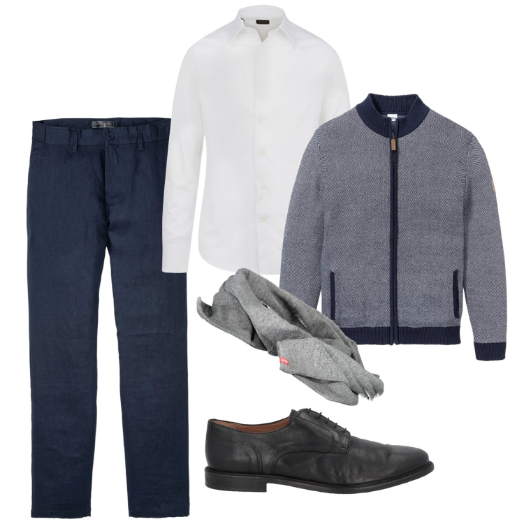 Outfit uomo - Blu e bianco. Stile Casual per Ufficio. Abbinamento con cardigans, pantaloni, scarpe stringate, camicie, sciarpe.