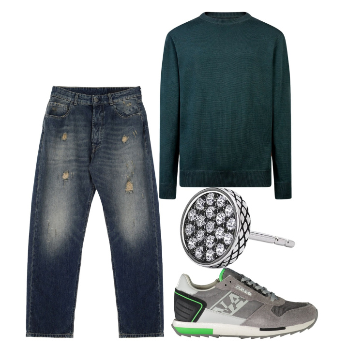 Outfit uomo - Tendenza Grunge. Stile Urban per Tutti i giorni. Abbinamento con orecchini, jeans strappati, maglieria, sneakers.