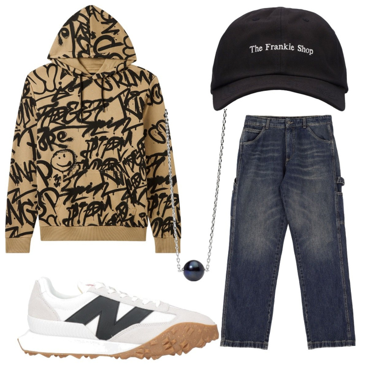 Outfit uomo - Total look #1966840. Stile Urban per Tutti i giorni. Abbinamento con sneakers, felpe con cappuccio, collane, jeans, cappelli.