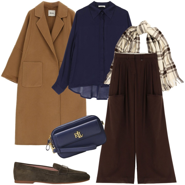 Outfit donna - Autunno is best season. Stile Trendy per Ufficio. Abbinamento con camicie, cappotti, pantaloni a palazzo, pochette, mocassini, sciarpe.