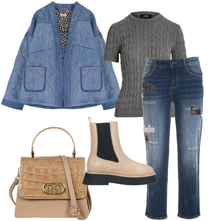 Outfit donna - Un po’ di saldi. Stile Casual per Tutti i giorni. Abbinamento con stivaletti, borse a mano, jeans, blazer, t-shirt.