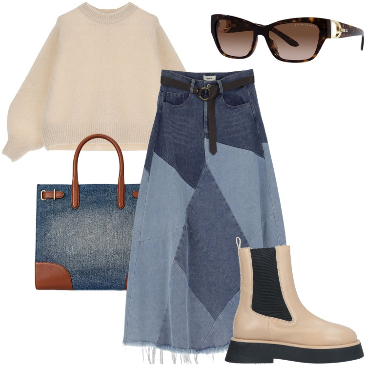 Outfit donna - La gonna in saldo. Stile Urban per Ufficio. Abbinamento con stivaletti, pullovers, gonne longuette, borse tote, occhiali da sole.