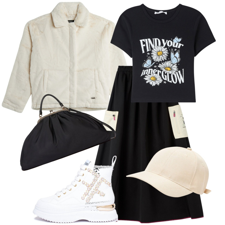 Outfit donna - Settembre. Stile Casual chic per Tutti i giorni. Abbinamento con cappelli, gonne lunghe, t-shirt, sneakers, blazer, borse sportive.