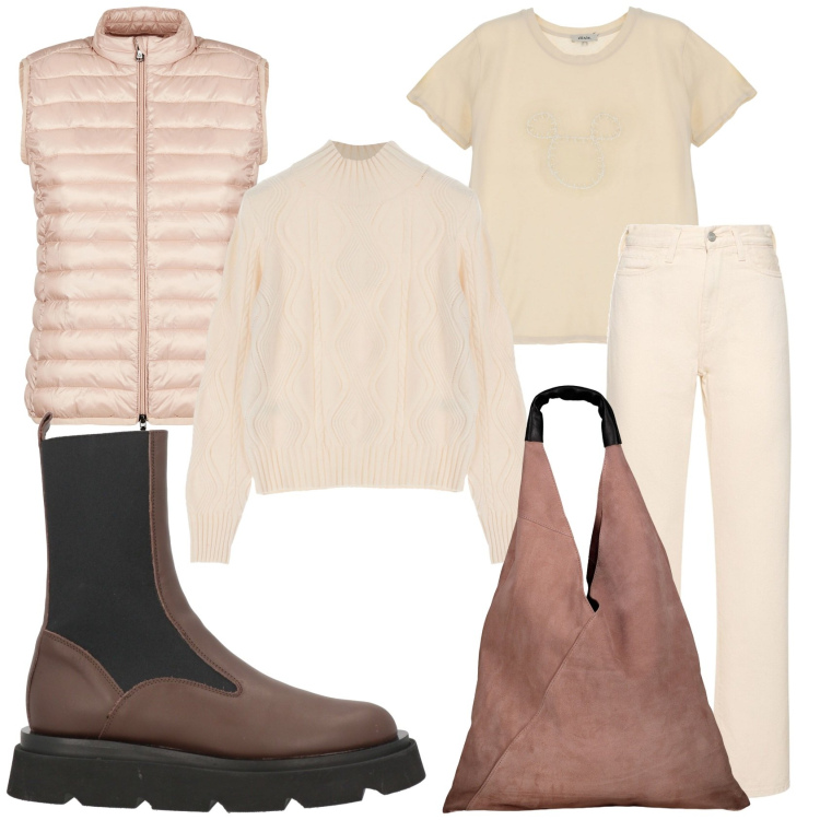 Outfit donna - Un week-end invernale. Stile Casual per Tutti i giorni. Abbinamento con stivaletti chelsea, piumini, maglieria, t-shirt, borse a spalla, jeans dritti.