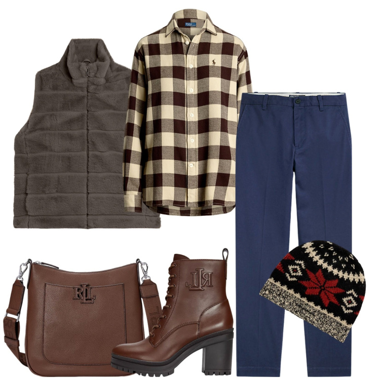Outfit donna - Total look #1966857. Stile Urban per Scuola/Università. Abbinamento con gilet, borse a tracolla, pantaloni chino, stivaletti, camicie, berretti.
