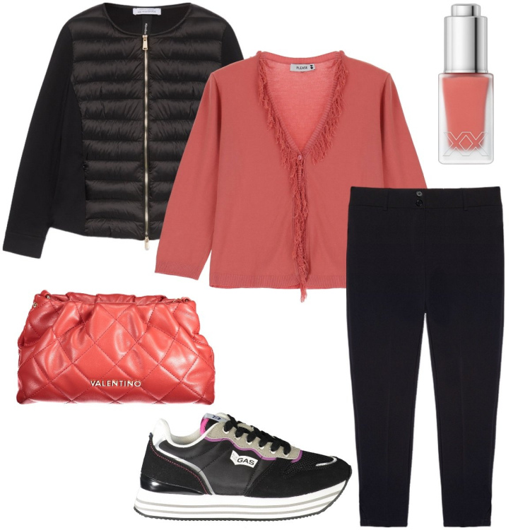 Outfit donna - Il blush abbinato. Stile Casual chic per Ufficio. Abbinamento con blush, pullovers, piumini, sneakers, pantaloni, borse a spalla.