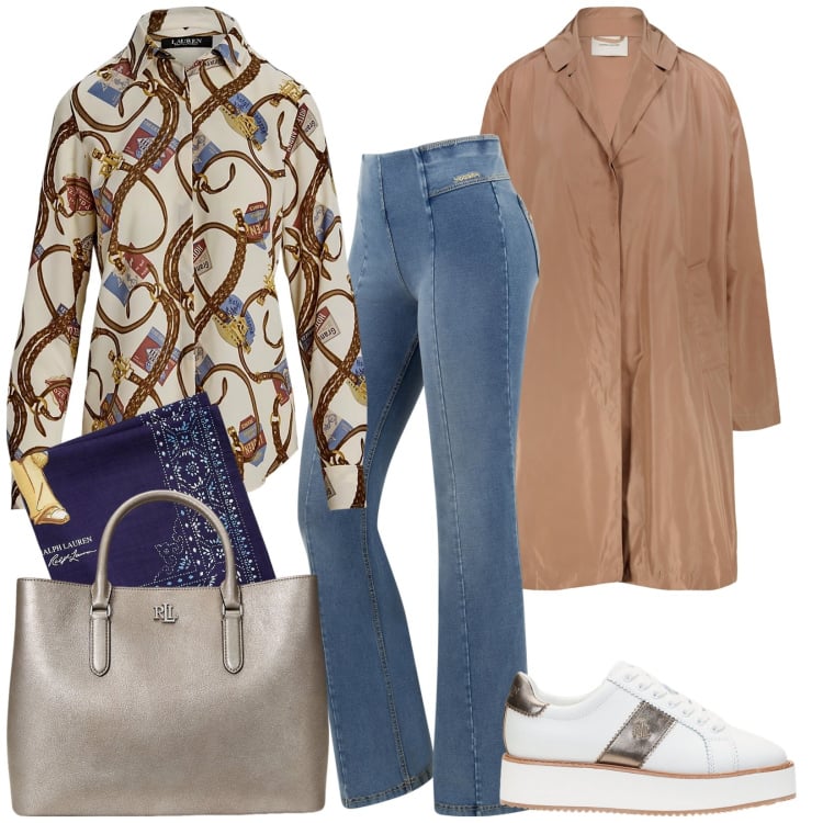 Outfit donna - Casual. Stile Casual per Tutti i giorni. Abbinamento con jeans a zampa, camicie, sneakers, borse a mano, foulard, trench.