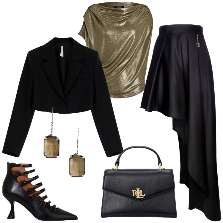 Outfit donna - Total look #1966886. Stile Glamour per Serata fuori. Abbinamento con blazer, gonne lunghe, stivaletti, borse a mano, top, orecchini.