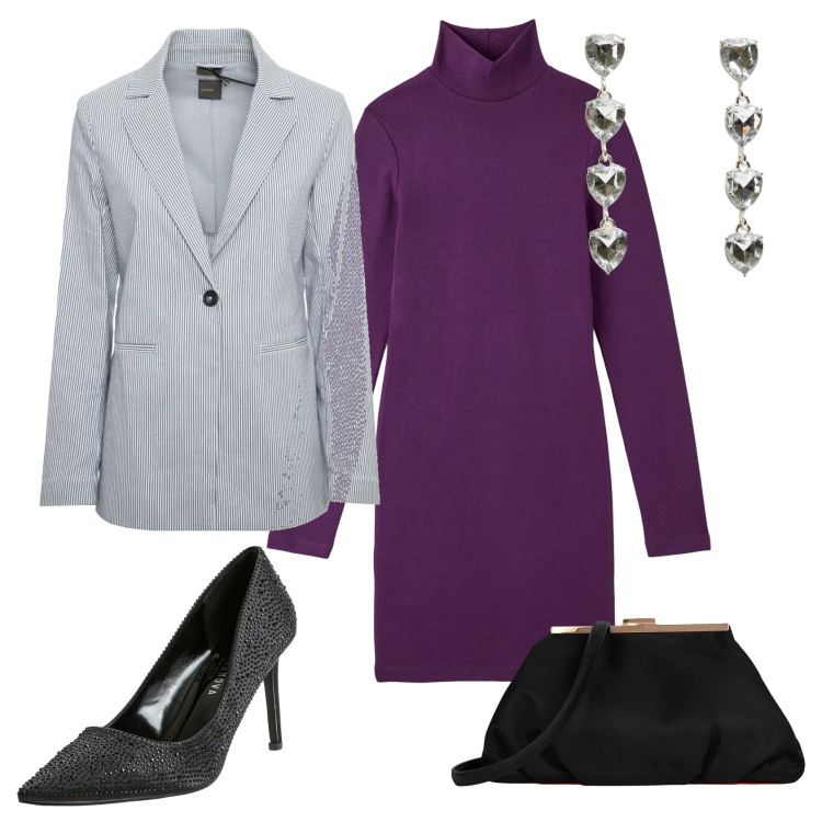 Outfit donna - Total look #1966887. Stile Casual chic per Ufficio. Abbinamento con décolleté, orecchini, vestiti midi/longuette, blazer, pochette.