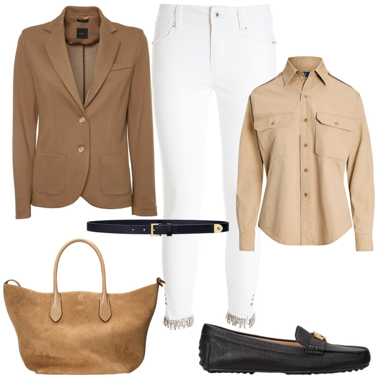 Outfit donna - Autunno in saldo. Stile Casual chic per Ufficio. Abbinamento con jeans, mocassini, camicie, cinture, borse tote, blazer.
