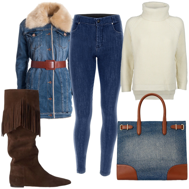 Outfit donna - Total look #1966918. Stile Casual chic per Tutti i giorni. Abbinamento con giacche, jeans skinny, borse tote, stivali, maglieria.