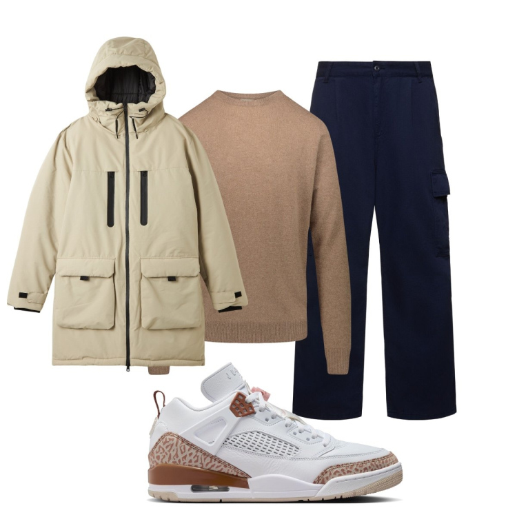 Outfit uomo - Total look #1966931. Stile Casual per Tutti i giorni. Abbinamento con parka, maglieria, sneakers, pantaloni cargo.