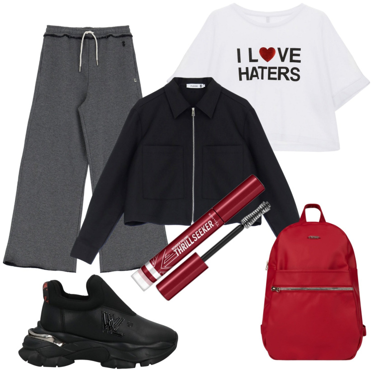Outfit donna - Saldi d\'autunno. Stile Urban per Tutti i giorni. Abbinamento con sneakers, mascara, blazer, pantaloni a palazzo, t-shirt, zaini.