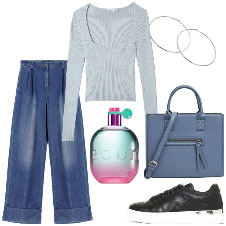 Outfit donna - Total look #1966942. Stile Casual chic per Tutti i giorni. Abbinamento con profumi, shopping bag, maglieria, sneakers, jeans, orecchini.