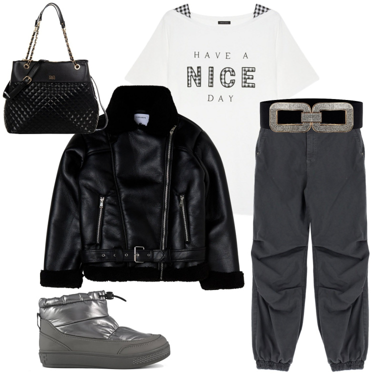 Outfit donna - Total look #1966946. Stile Casual chic per Tutti i giorni. Abbinamento con blazer, pantaloni, cinture, shopping bag, stivaletti, t-shirt.