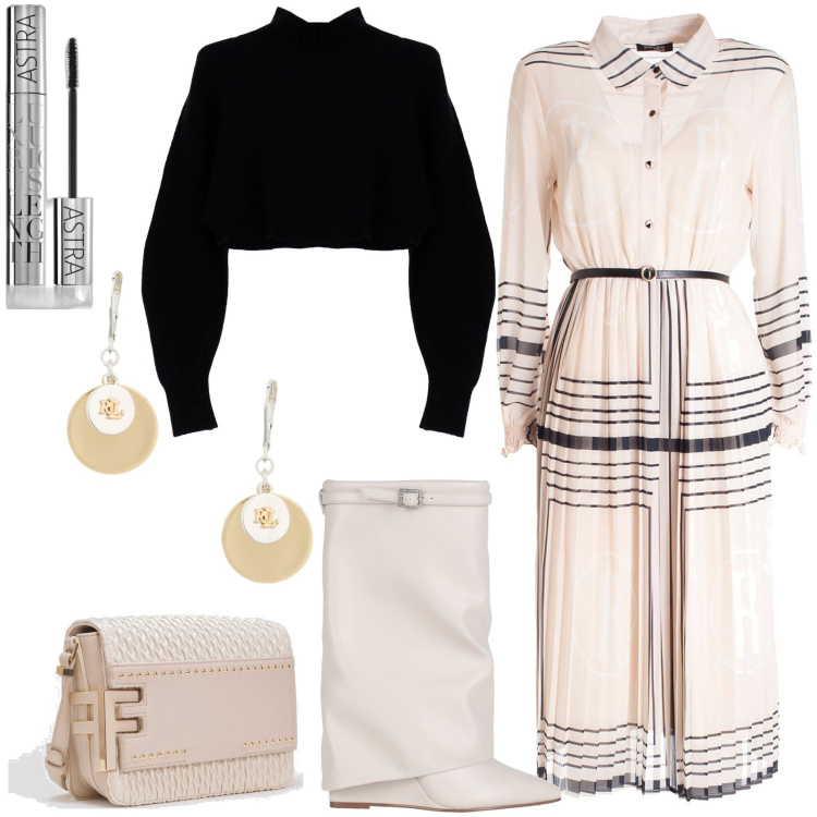 Outfit donna - Quel vestitino lì. Stile Chic per Tutti i giorni. Abbinamento con stivaletti, mascara, vestiti chemisier, borse a tracolla, maglieria, orecchini.
