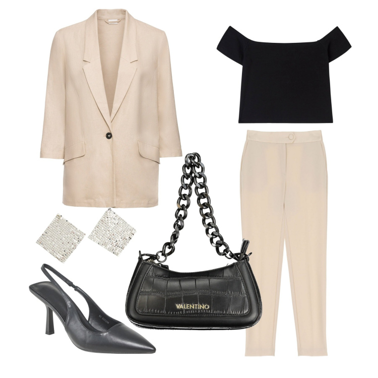 Outfit donna - Total look autunnale. Stile Bon Ton per Serata fuori. Abbinamento con blazer, orecchini, t-shirt, décolleté, pantaloni, borse a spalla.