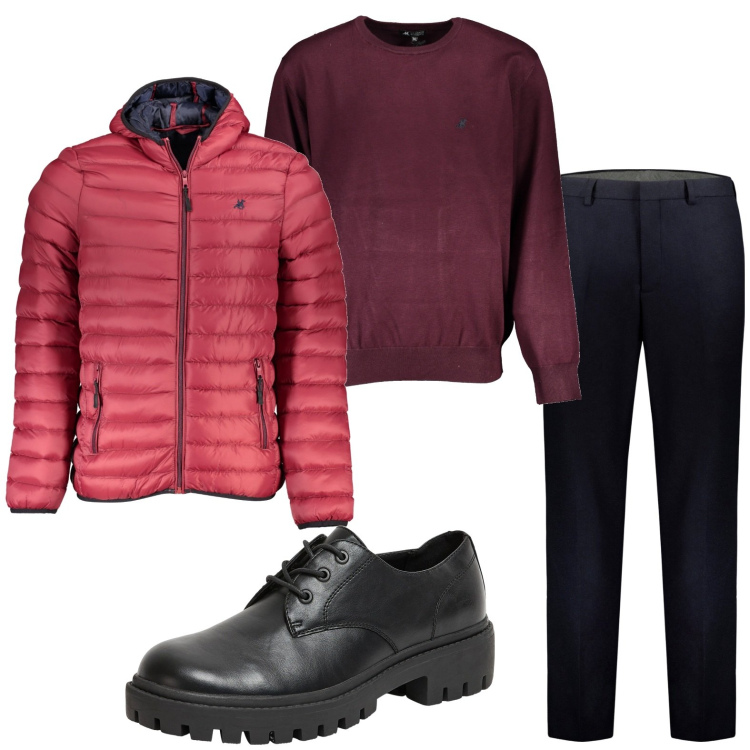 Outfit uomo - Maglioncino burgundi. Stile Casual per Ufficio. Abbinamento con pantaloni, scarpe stringate, giacche, maglieria.