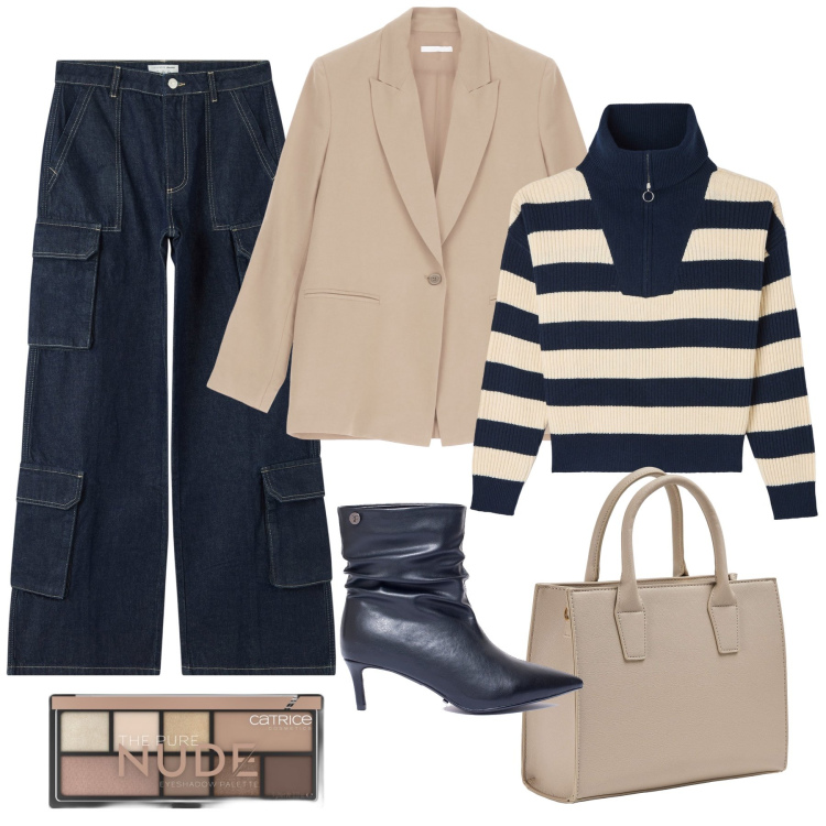 Outfit donna - Pronta H24 con i saldi !. Stile Trendy per Tutti i giorni. Abbinamento con ombretti, shopping bag, maglieria, jeans, stivaletti, blazer.