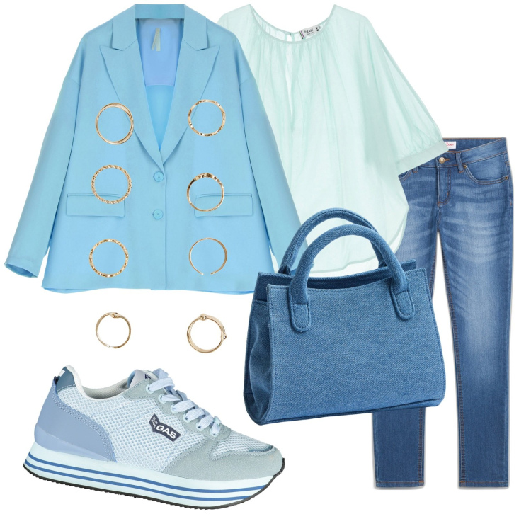 Outfit donna - Acqua. Stile Trendy per Tutti i giorni. Abbinamento con jeans skinny, borse a tracolla, anelli, bluse, blazer, scarpe sportive.
