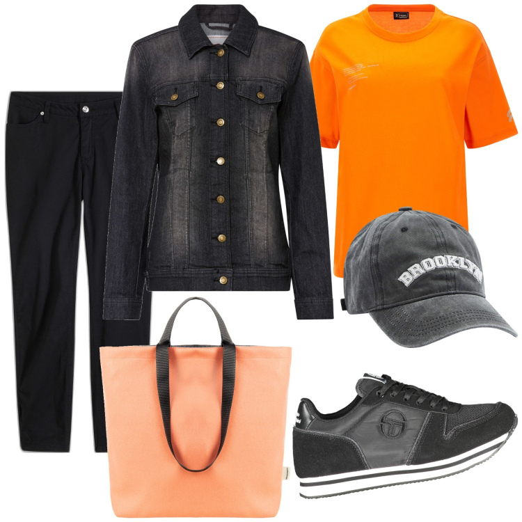 Outfit donna - Urban. Stile Urban per Scuola/Università. Abbinamento con jeans, blazer, cappelli, borse tote, t-shirt, scarpe sportive.