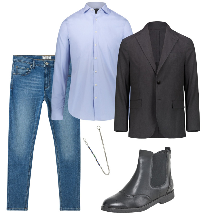 Outfit uomo - Jeans e blazer. Stile Trendy per Ufficio. Abbinamento con stivali e stivaletti, jeans slim fit, collane, camicie, giacche.