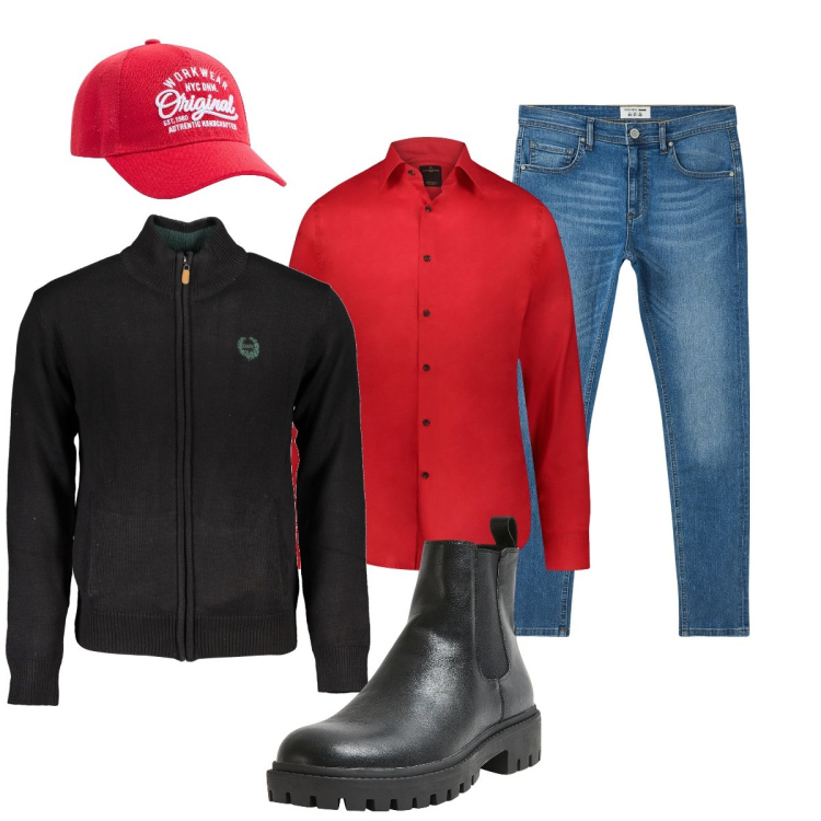 Outfit uomo - Total look #1967062. Stile Casual per Tutti i giorni. Abbinamento con cappelli, jeans slim fit, stivali e stivaletti, camicie, cardigans.