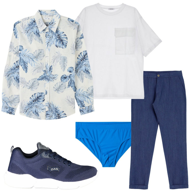 Outfit uomo - Con la camicia aperta. Stile Casual per Tutti i giorni. Abbinamento con costumi, camicie, t-shirt, jeans slim fit, sneakers.