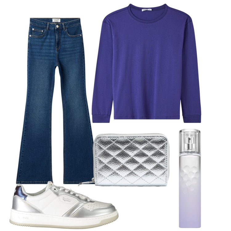 Outfit donna - Total look #1967066. Stile Casual per Tutti i giorni. Abbinamento con jeans a zampa, t-shirt, portafogli, profumi, sneakers.