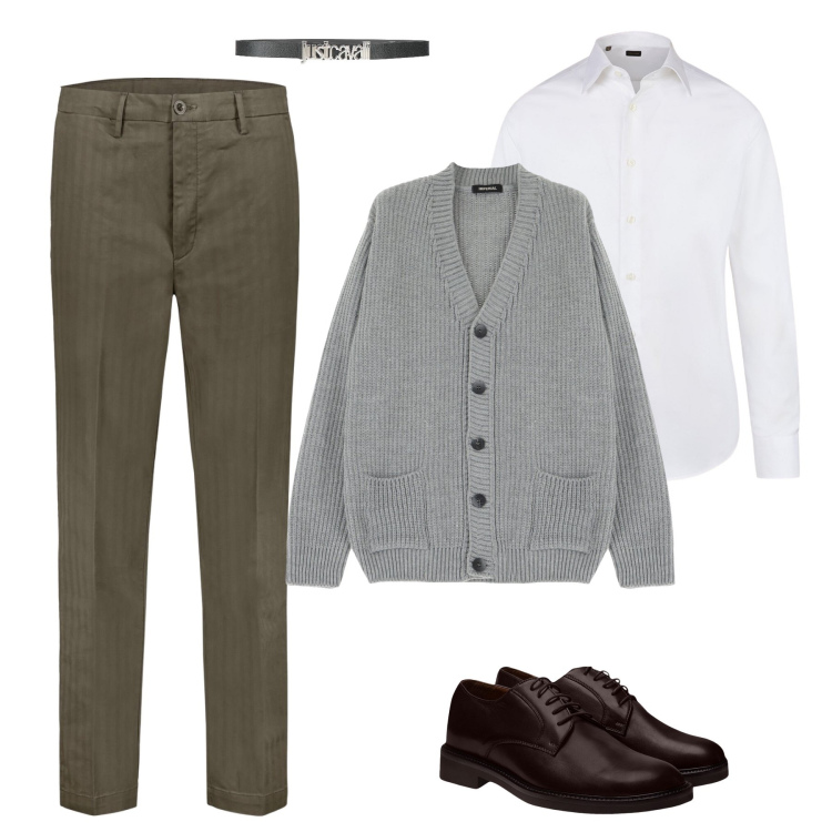Outfit uomo - Il cardigan con la camicia. Stile Casual per Ufficio. Abbinamento con cinture, cardigans, pantaloni, camicie, scarpe stringate.
