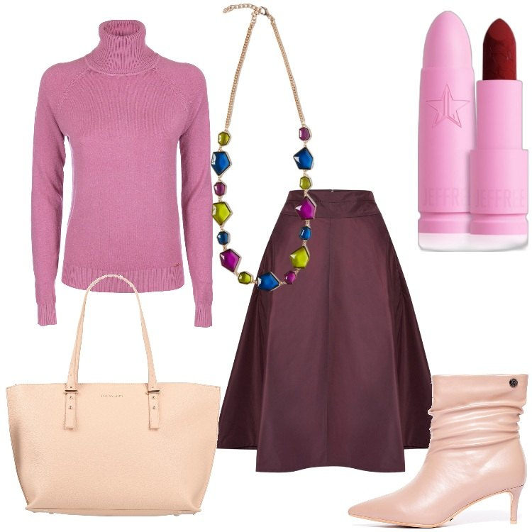 Outfit donna - Bella in viola. Stile Casual chic per Serata fuori. Abbinamento con borse a mano, rossetti, maglieria, stivaletti, gonne, collane.