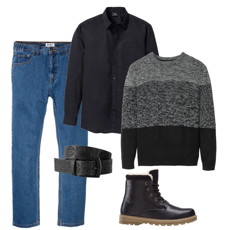 Outfit uomo - Bonprix style. Stile Urban per Tutti i giorni. Abbinamento con jeans dritti, cinture, stivali e stivaletti, camicie, maglieria.