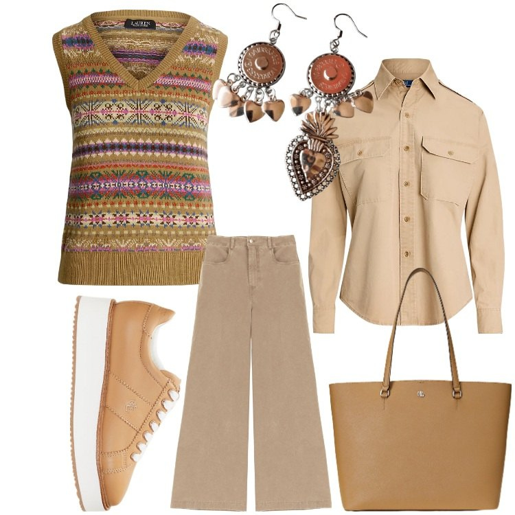 Outfit donna - Originale. Stile Casual chic per Ufficio. Abbinamento con camicie, sneakers, borse tote, maglieria, pantaloni, orecchini.