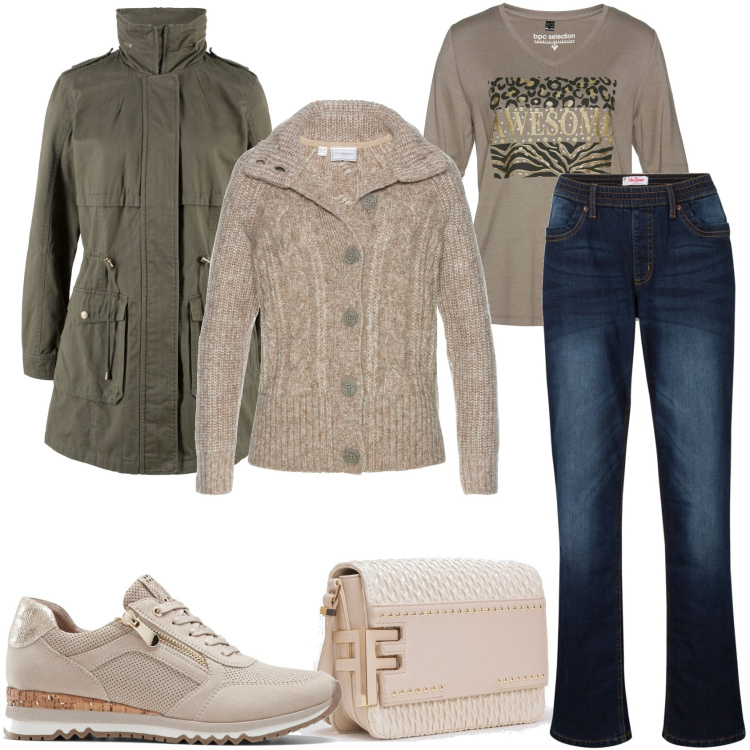 Outfit donna - Tutto bene per il week-end. Stile Casual per Tutti i giorni. Abbinamento con sneakers, parka, cardigans, jeans dritti, t-shirt, borse a tracolla.