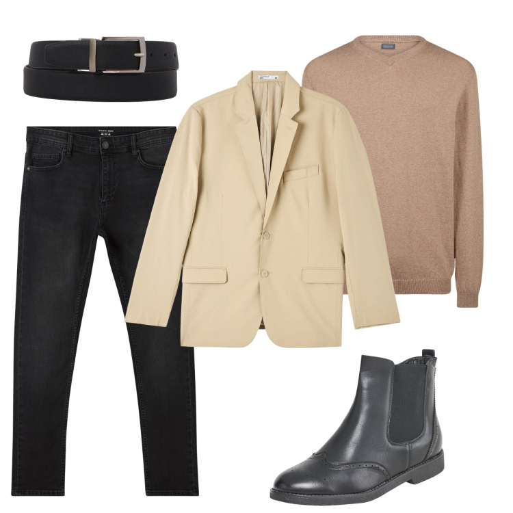 Outfit uomo - La giacca con il pull. Stile Casual per Ufficio. Abbinamento con giacche, jeans skinny, stivali e stivaletti, maglieria, cinture.