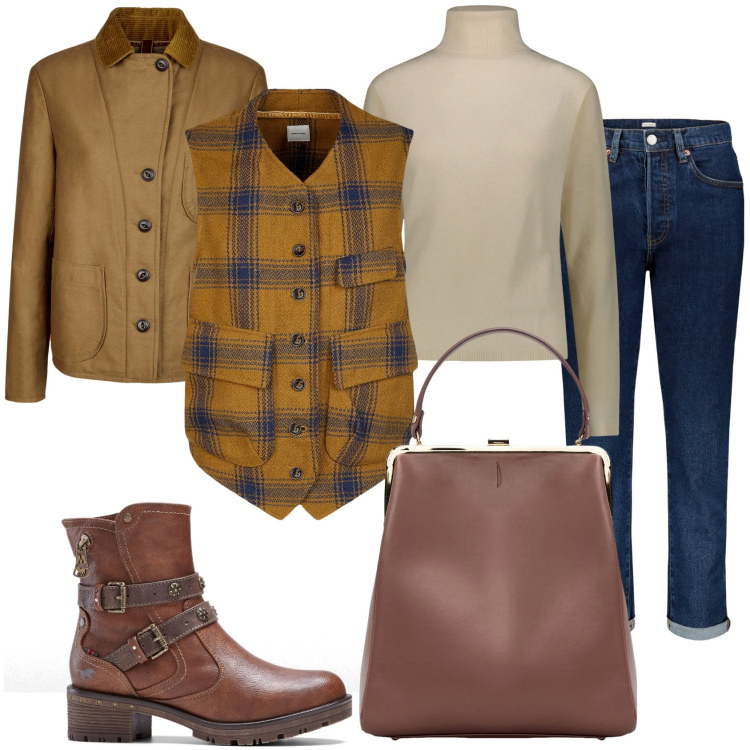 Outfit donna - Stile maschile. Stile Mannish per Tutti i giorni. Abbinamento con stivaletti, borse a spalla, gilet, pullovers, blazer, jeans.