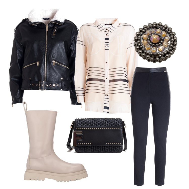 Outfit donna - Rockstud!. Stile Rock per Tutti i giorni. Abbinamento con stivali, camicie, blazer, pantaloni skinny, borse a tracolla, anelli.